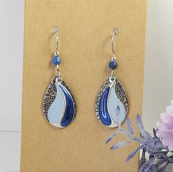 Silver Etched Floral & Metallic Blue Swirl Layered Dangle Earrings - Picture 2 of 10